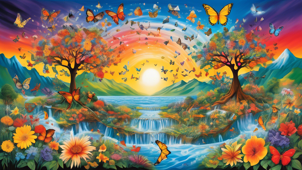 An artistic representation of diverse names that symbolize change and transformation, featuring a vibrant landscape where nature transitions through season