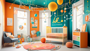 Create an imaginative illustration featuring a vibrant baby nursery adorned with decor inspired by electricity. Include playful elements such as bright lig