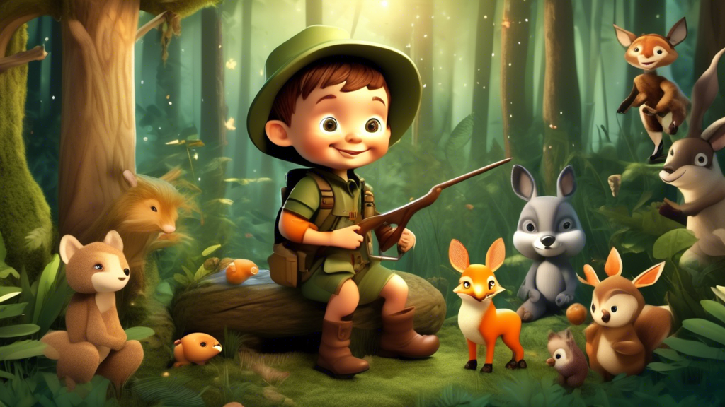 Create an enchanting scene featuring a young child in a lush forest, dressed as a whimsical hunter with a playful smile, surrounded by various cute woodlan