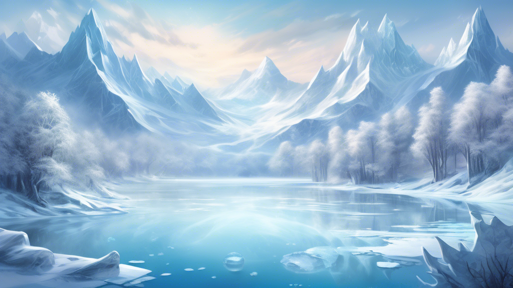 Create an artistic representation of a serene winter landscape featuring various icy elements, like frozen lakes and snow-covered mountains. Incorporate su