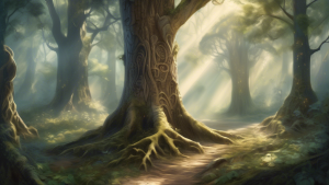 Create a whimsical, artistic representation of a mystical forest filled with ancient, ethereal trees. Each tree has a name etched into its bark, symbolizin