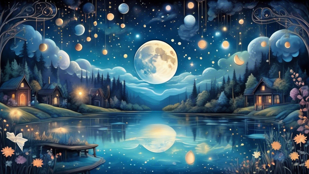 Create a whimsical illustration featuring a mystical night sky filled with enchanting moons of various sizes and colors. Include ethereal landscapes below,