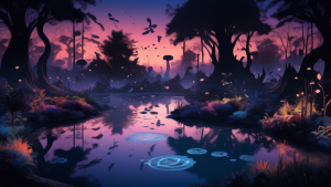 Create an artistic representation of a mystical landscape at twilight, featuring ethereal shadows of various creatures emerging from the darkness. In the f