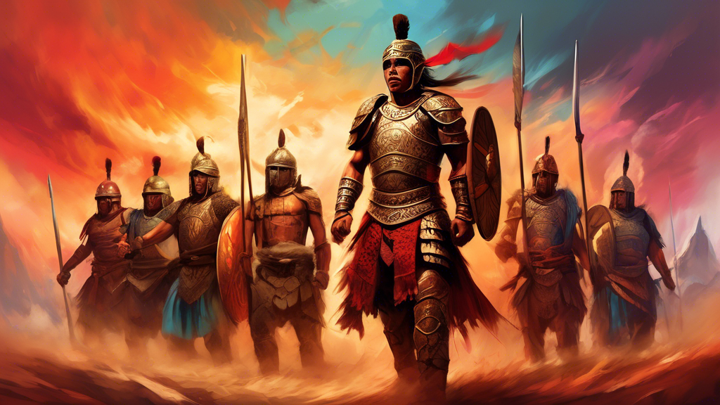 Create an artistic illustration that showcases a variety of names meaning 'warrior' from different cultures around the world. Include representations of fi